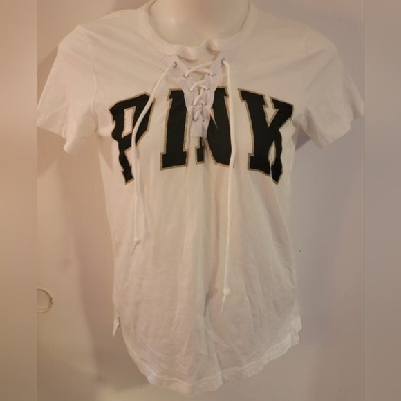 Pink VS Glitter Spellout Lace Up Tee - Picture 1 of 5